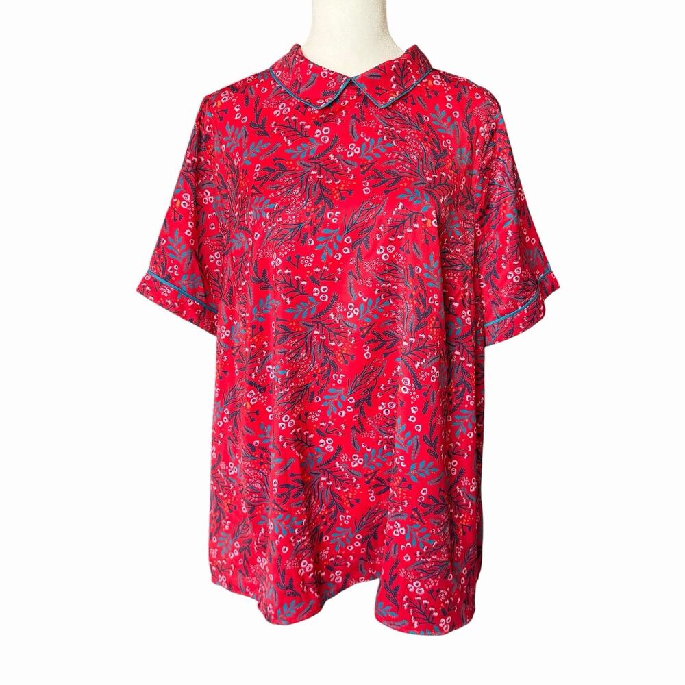 NWOT ModCloth Womens Plus 1X Blouse Red Floral Print Short Sleeve Top Collared